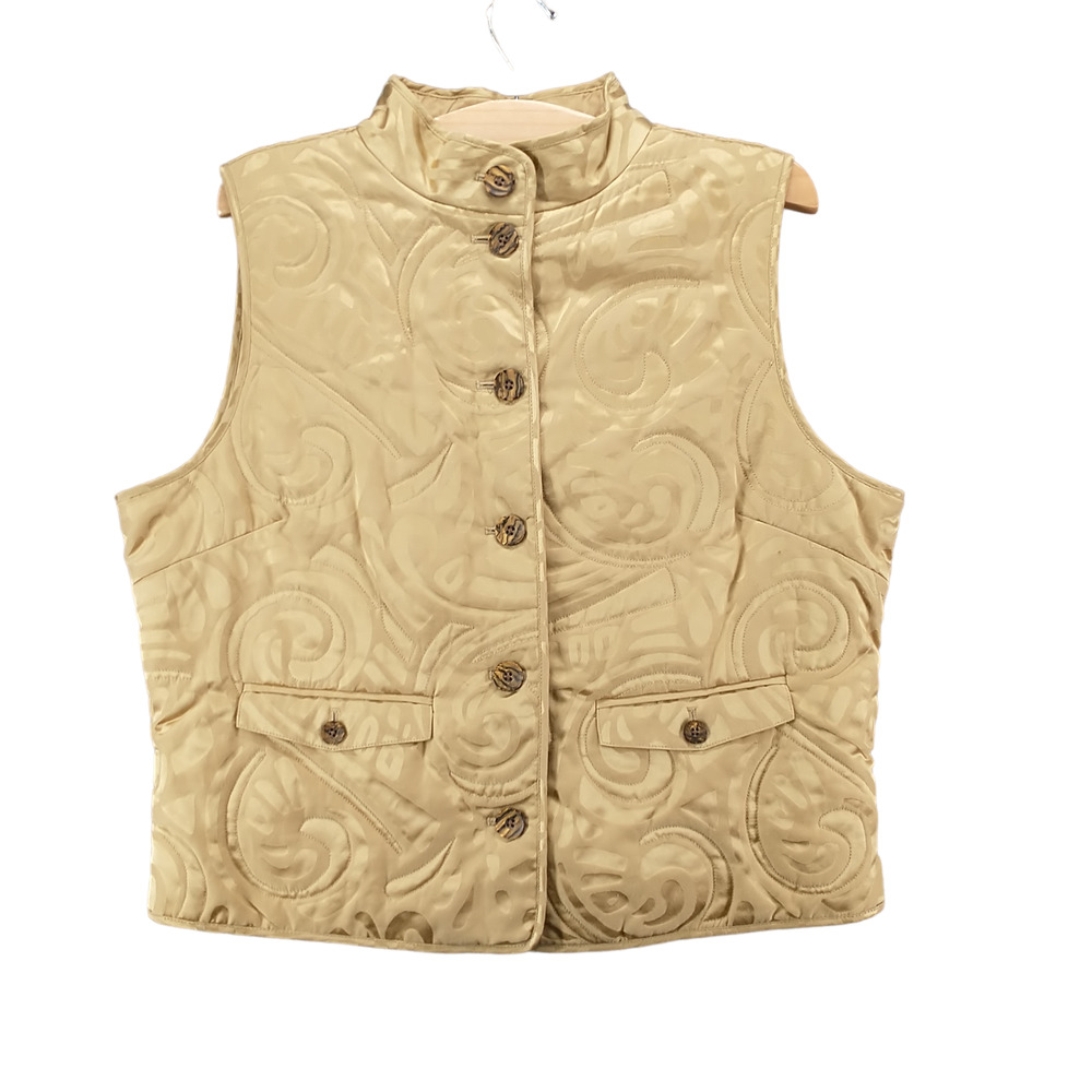 Tommy Bahama Women's Button-Up Silk Vest Tan Large 12-14 Flap Pockets Lined